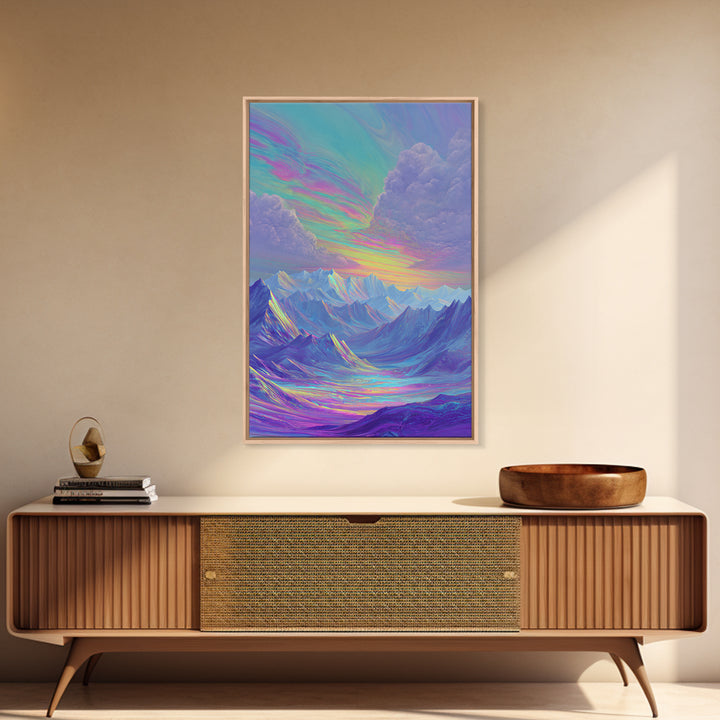 Iridescent Pastel Mountain Landscape Wall Art, Dreamy Alpine Canvas Print, Serene Calming Nature Decor, Above Bed Gift For Her