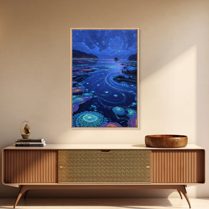 Bioluminescent Ocean Tide Pools Canvas Print, Blue Seascape Wall Art, Coastal Decor, Mystical Nature Art For Living Room