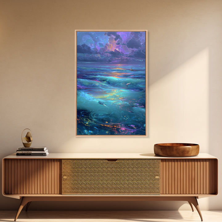 Fantasy Oceanic Scene With Sharks And Mystical Water Ripples Vibrant Colorful Wall Art Canvas Print