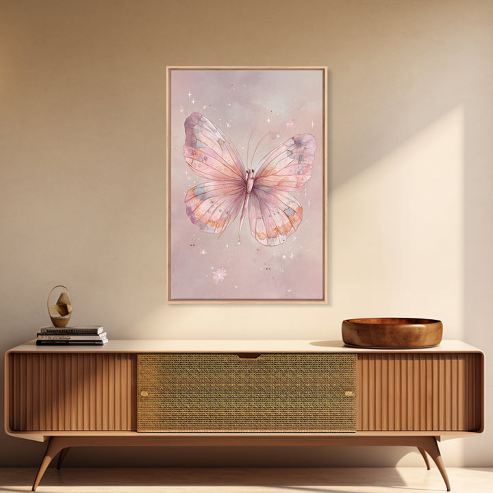Pastel Pink Butterfly Watercolor Wall Art, Whimsical Butterfly Art Print, Nursery Decor, Feminine Bedroom Canvas Print Gift