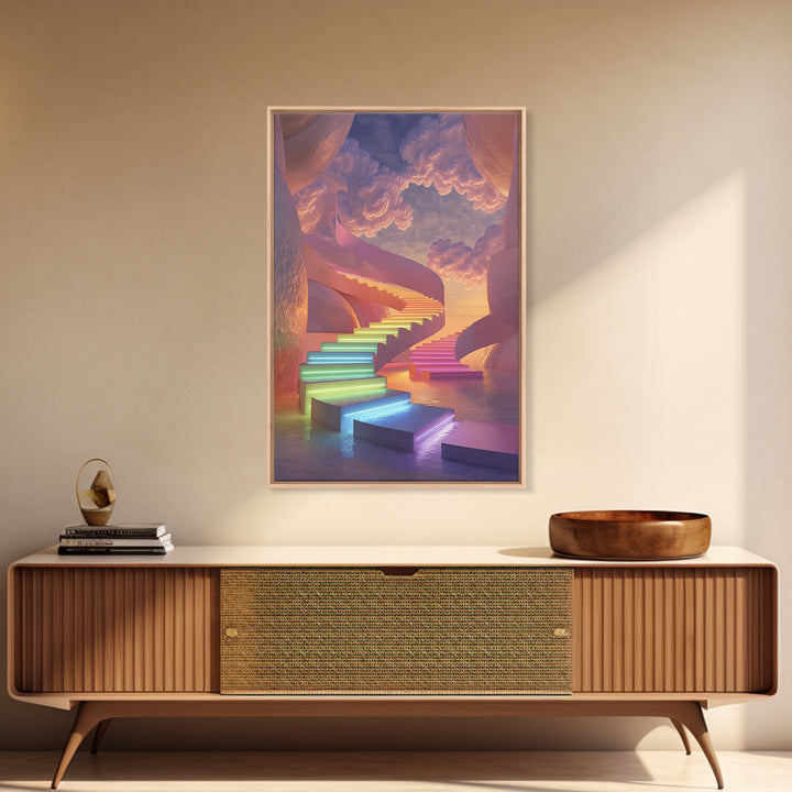 Dreamy Rainbow Stairway To Clouds Canvas Print, Surreal Pastel Fantasy Art, Celestial Wall Decor For Bedroom Home Decor Gift