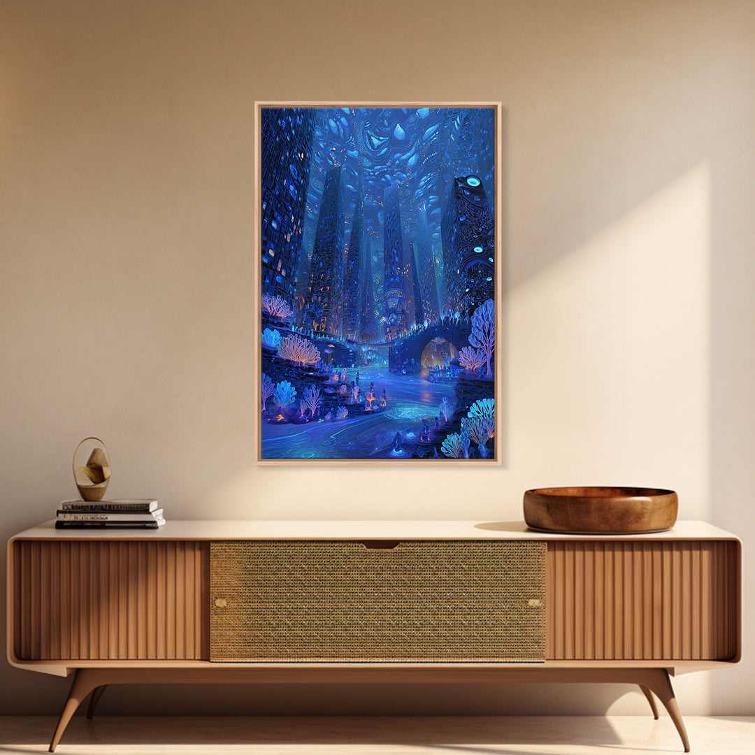 Bioluminescent Futuristic City Wall Art, Blue Sci Fi Metropolis Print, Cyberpunk Fantasy Decor, Large Canvas Poster Gift For Him