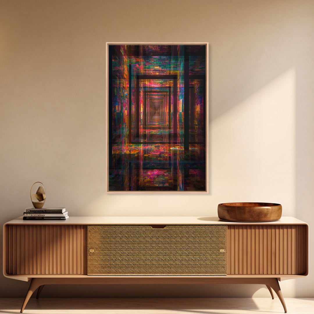 Neon Glitch Infinite Corridor, Cyberpunk Abstract Wall Art, Futuristic Canvas Print, Gaming Room Decor, Modern Office Art