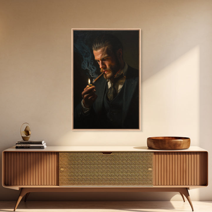 Moody Gentleman Lighting Cigar Framed Canvas Print, Dark Academia Portrait Oil Painting For Masculine Office And Man Cave Decor