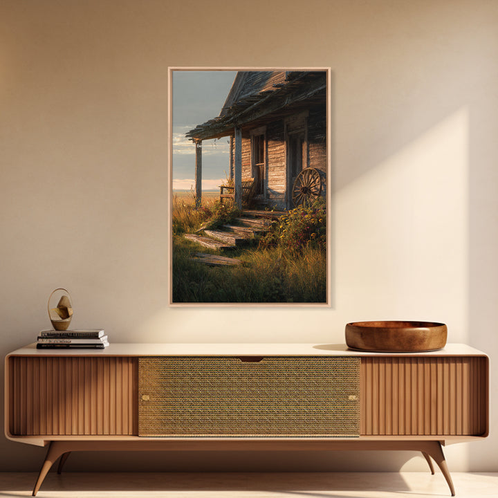 Rustic Old Wooden Cabin Porch With Wagon Wheel Country Landscape Wall Art Canvas Print For Farmhouse Decor