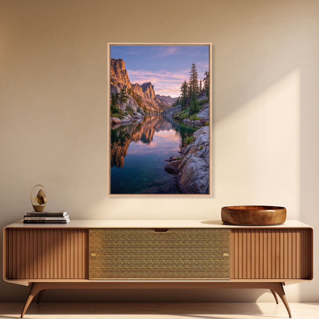 Stunning Mountain Lake Reflection At Sunset With Rocky Peaks And Pine Trees Wall Art Framed Canvas Print For Living Room