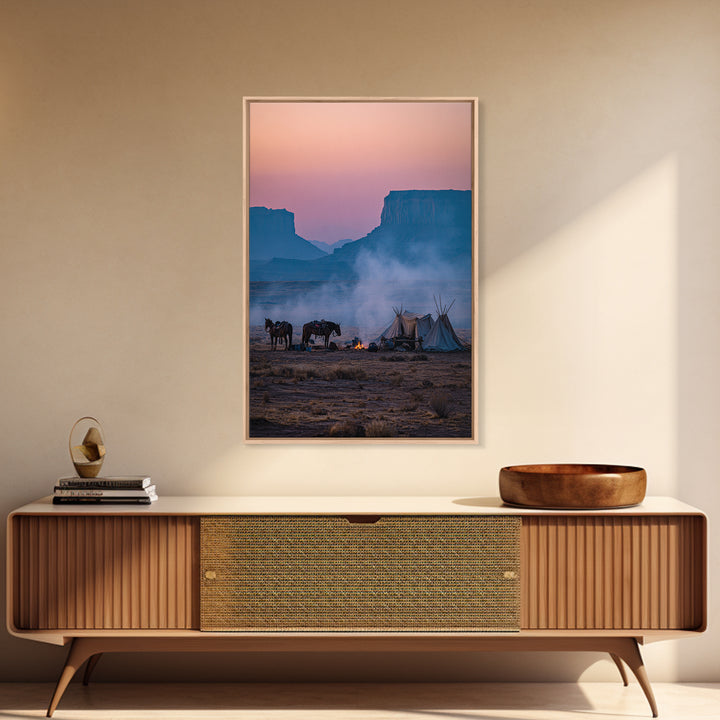 Misty Desert Sunrise With Horses And Teepees Landscape Photography Wall Art Print Large Wall Art