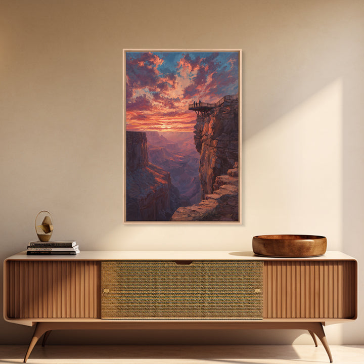 Grand Canyon Sunset With Dramatic Sky And Viewers On Overlook Wall Art Framed Canvas Print For Living Room Home Decor