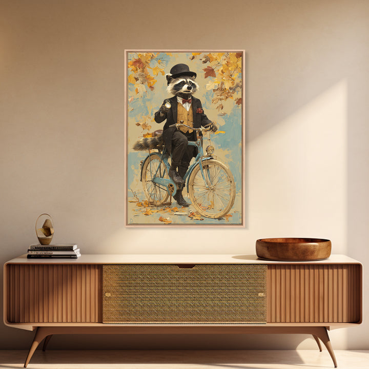 Whimsical Raccoon Riding Bicycle Canvas Print, Dapper Animal Wall Art For Nursery Room Decor And Quirky Animal Lover Gift