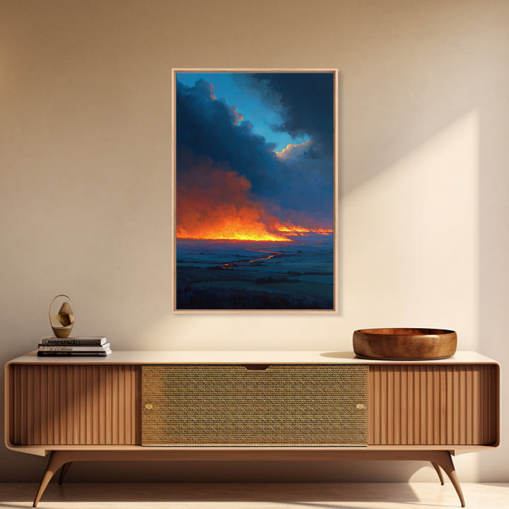 Dramatic Fire And Smoke Landscape Painting Large Wall Art Canvas Print For Rustic Home Decor And Office