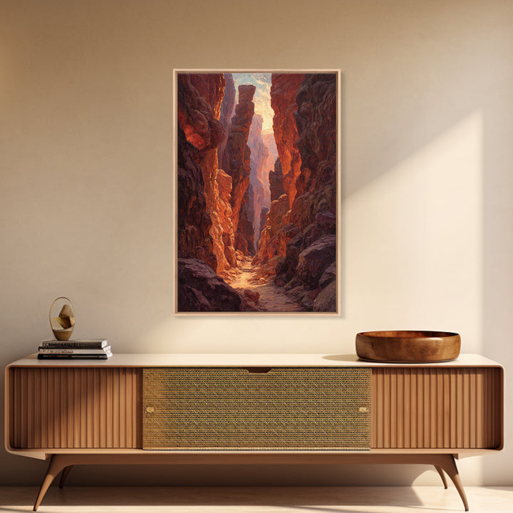 Sunlit Rocky Canyon With Warm Tones Nature Painting Wall Art Canvas Print Large Landscape Home Decor And Original Art