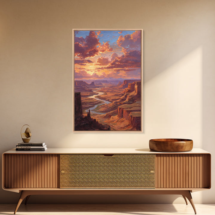 Sunset Over Canyon River Oil Painting Landscape Wall Art Large Framed Canvas Print Rustic Home Decor Gift For Nature Lovers