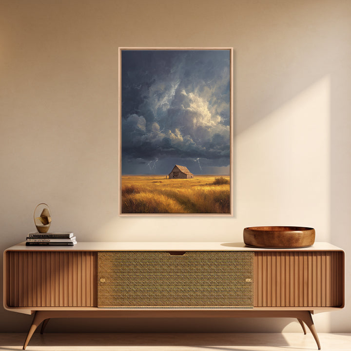 Rustic Barn In Stormy Field Landscape Wall Art With Dramatic Sky Lightning Canvas Print For Living Room Decor