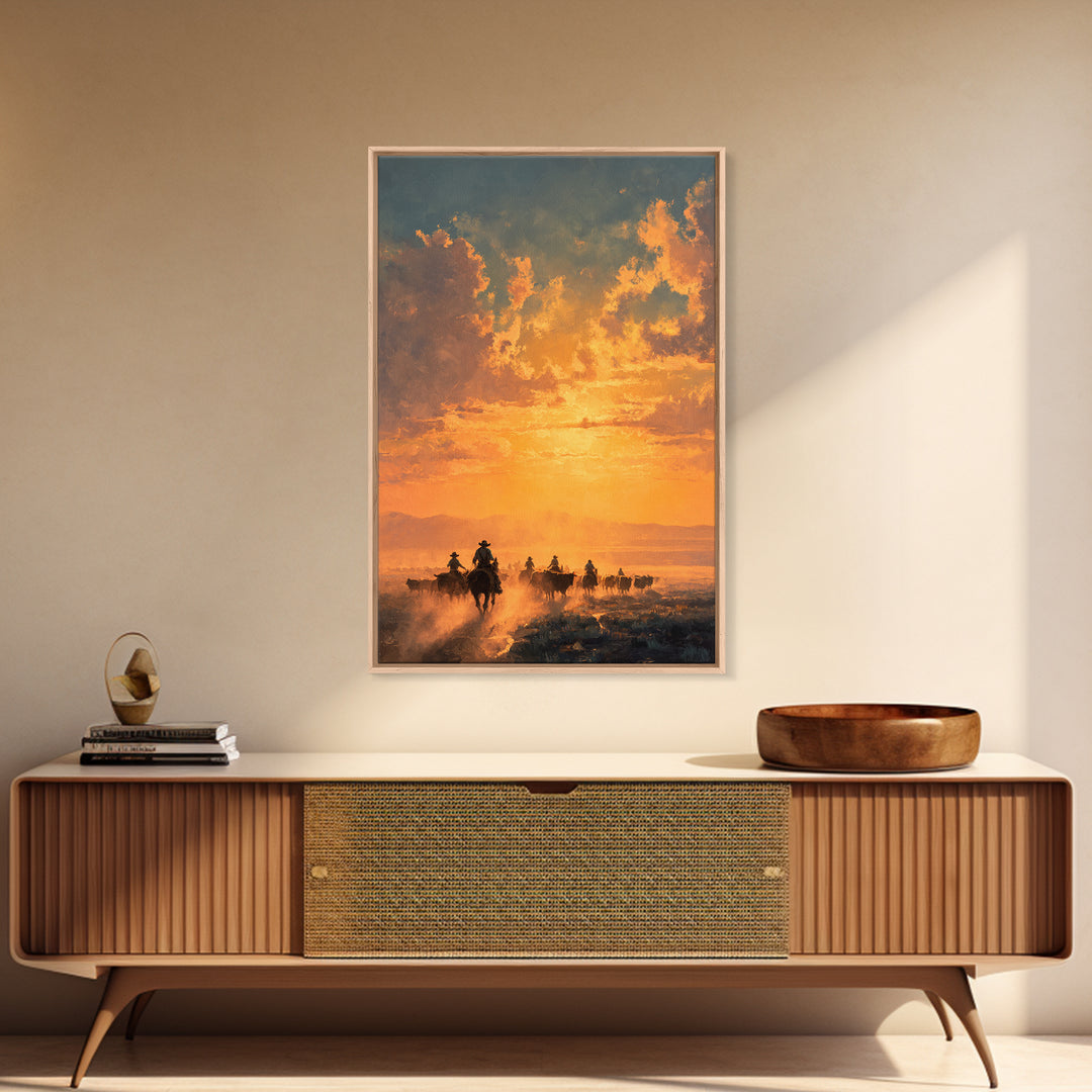 Sunset Cowboy Cattle Drive Ranch Scene Oil Painting Wall Art Framed Canvas Print For Rustic Farmhouse Home Decor