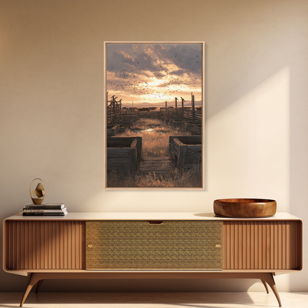 Rustic Landscape Oil Painting Of Cattle Corral At Sunset Wall Art Framed Canvas Print For Farmhouse Decor