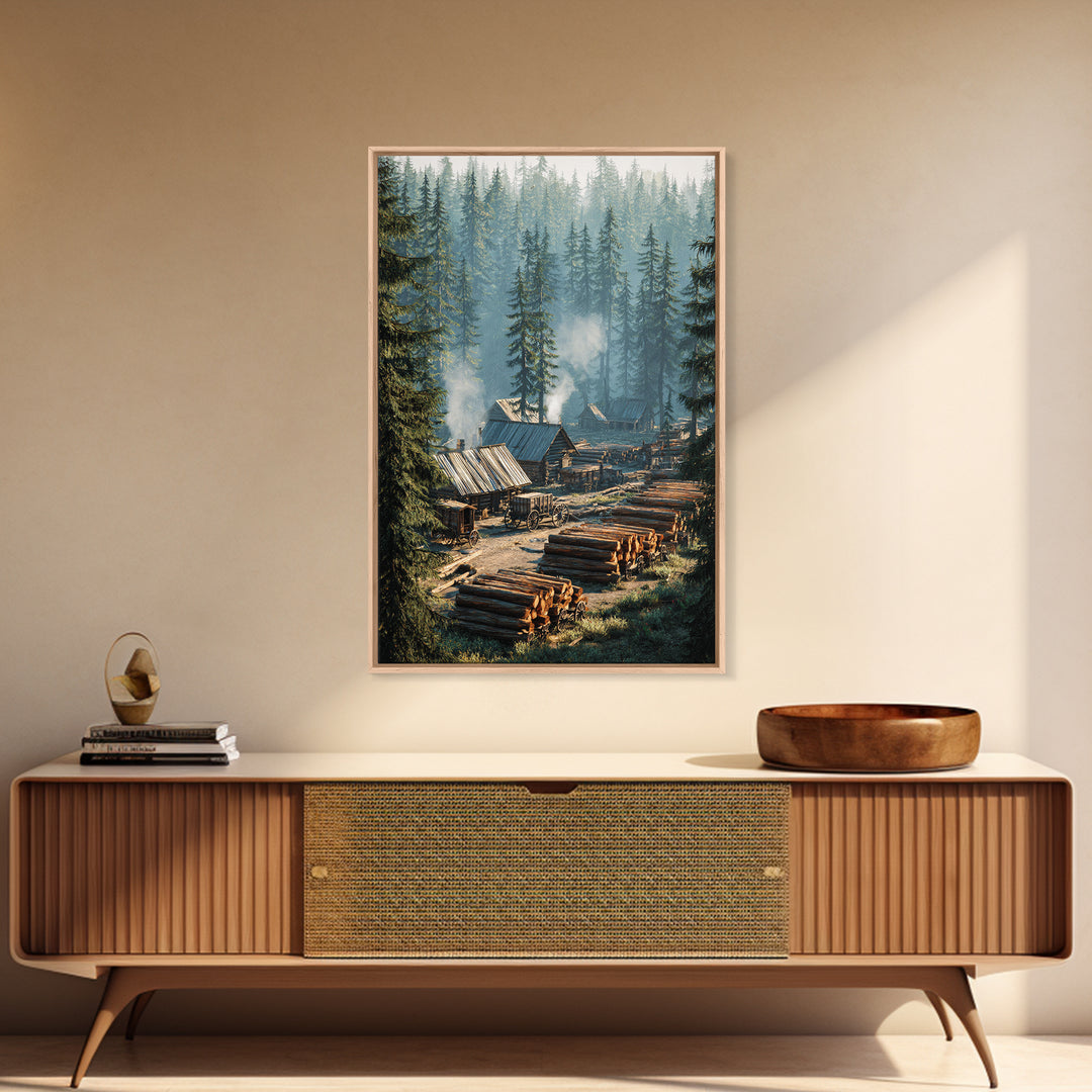 Rustic Log Cabin Village In Misty Forest Painting Wall Art Canvas Print For Cozy Home Decor Living Room Wall Art