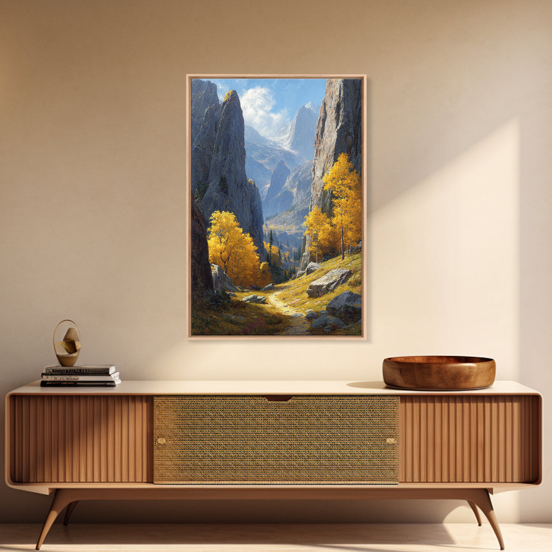 Majestic Mountain Valley Fall Landscape Painting Wall Art Framed Canvas Print For Warm Autumn Home Decor Living Room