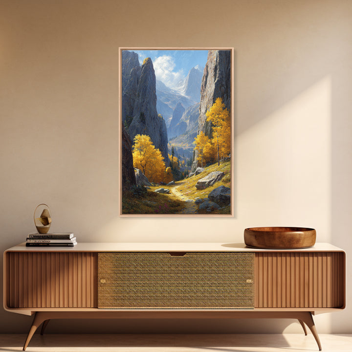 Majestic Mountain Valley Fall Landscape Painting Wall Art Framed Canvas Print For Warm Autumn Home Decor Living Room
