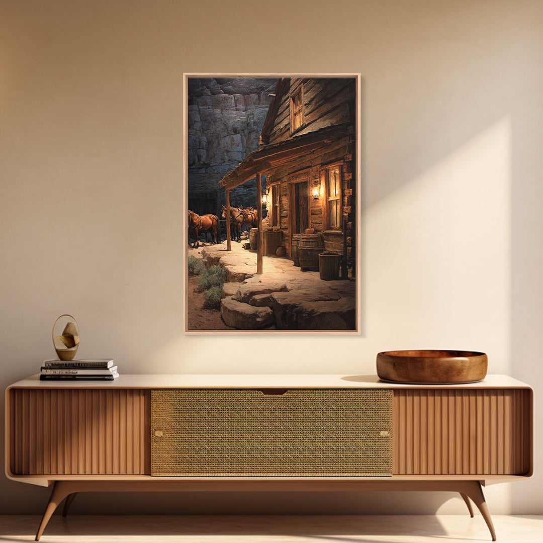 Rustic Western Cabin With Horses At Dusk Warm Oil Painting Wall Art Framed Canvas Print For Cozy Living Room