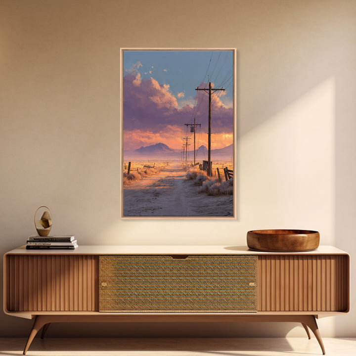 Desert Sunset Road With Power Poles And Mountains Minimalist Landscape Wall Art Framed Canvas Print For Modern Home