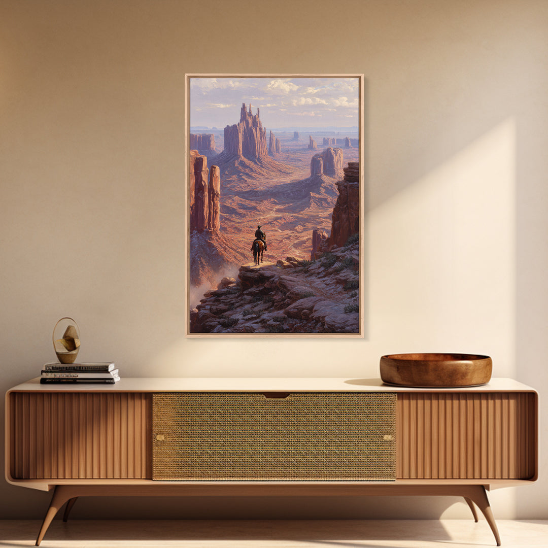 Western Cowboy Silhouette Watching Monument Valley Sunset Wall Art Print For Rustic Home Decor Living Room Framed Canvas Print