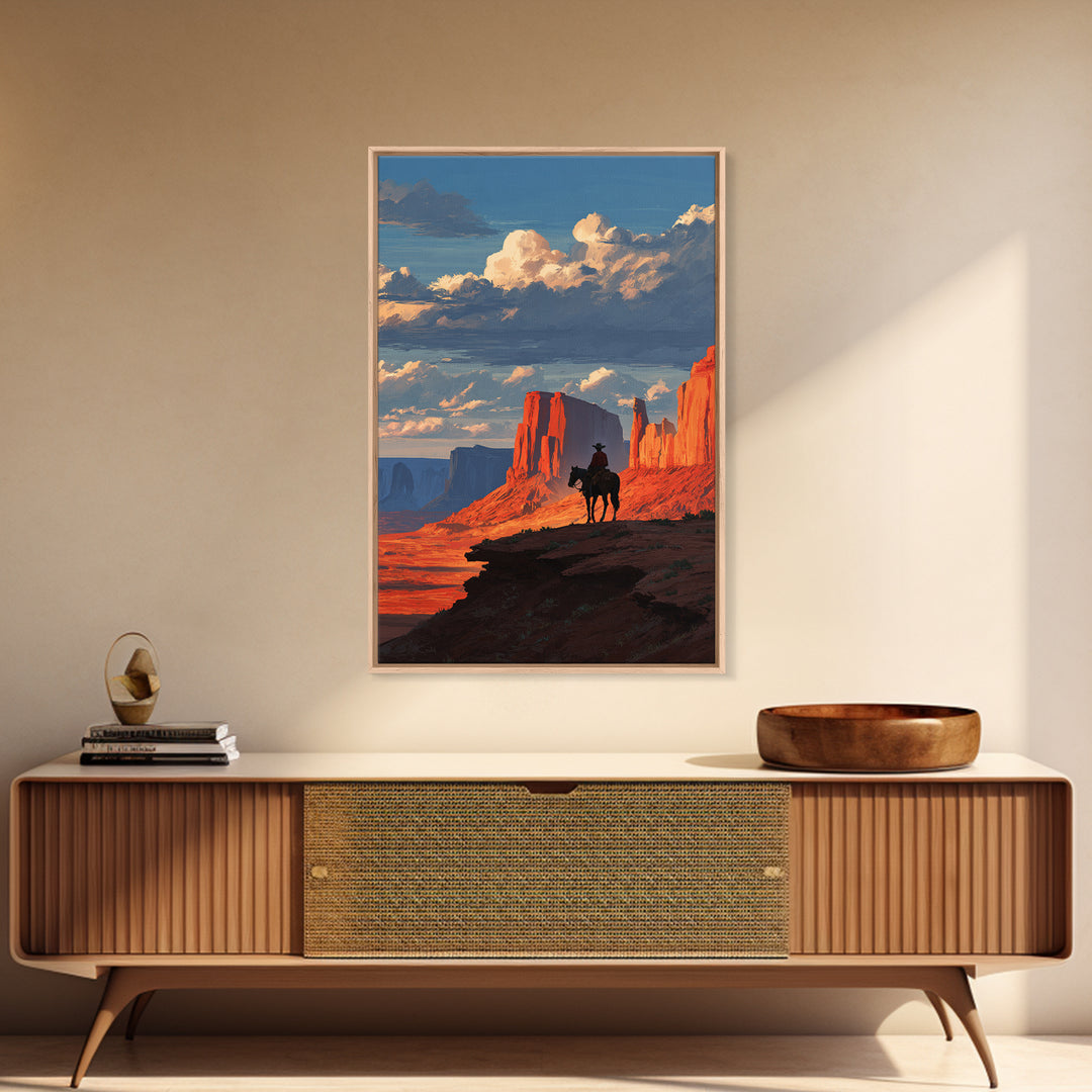 Cowboy On Horse Looking Over Red Rock Canyon Landscape Sunset Western Wall Art Canvas Print