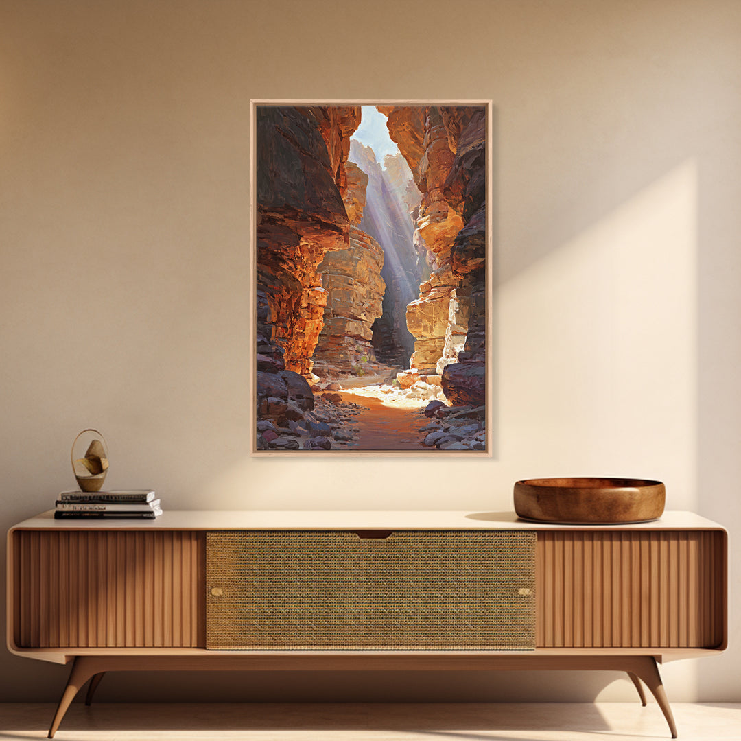Sunlit Canyon Landscape Oil Painting Wall Art Stunning Nature Scene Framed Canvas Print For Rustic Home Decor
