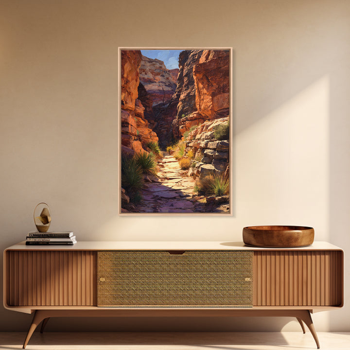 Rustic Canyon Pathway Desert Landscape Wall Art, Warm Earth Tones Framed Canvas Print For Modern Living Room Decor