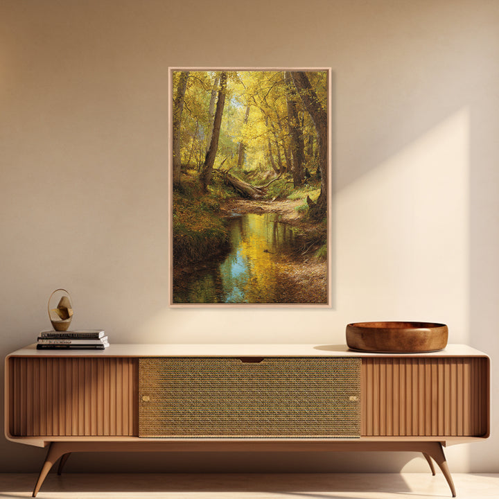 Serene Autumn Forest Landscape Oil Painting Canvas Print Featuring Golden Trees And Reflections For Wall Art