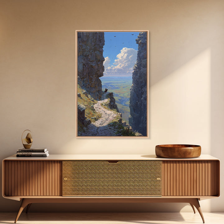 Western Cowboy On Horseback Amidst Majestic Rocky Canyon Landscape Large Wall Art Canvas Print