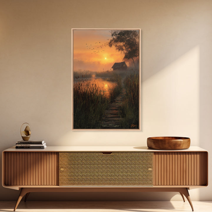Peaceful Country Cabin At Sunlit Evening With Birds Flying Over Still Pond Serene Landscape Wall Art Print
