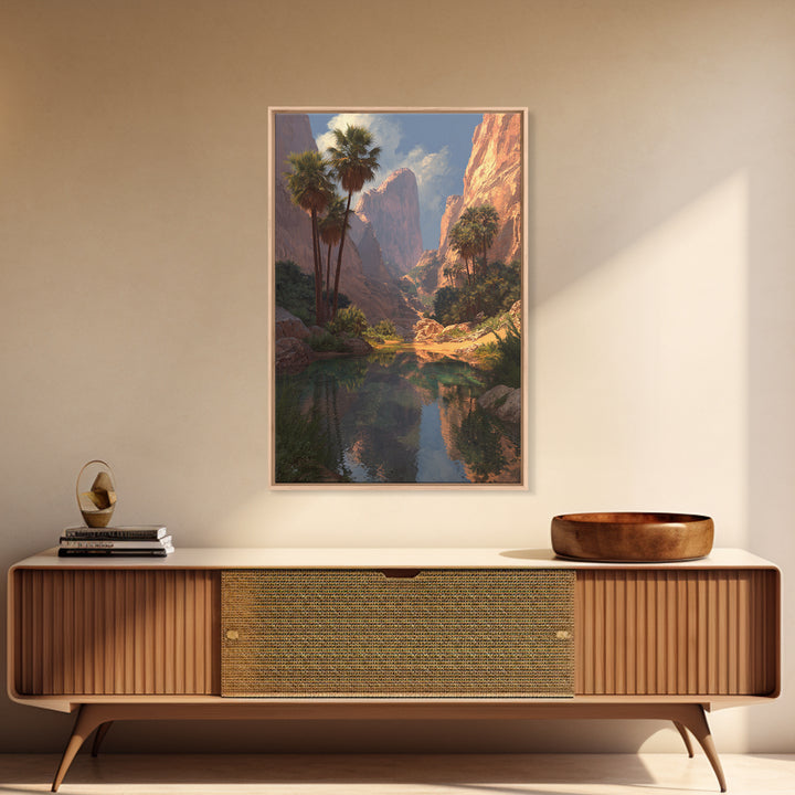 Stunning Desert Canyon Landscape Painting With Palm Trees Reflecting In Water Large Wall Art Canvas Print For Southwestern Home Decor