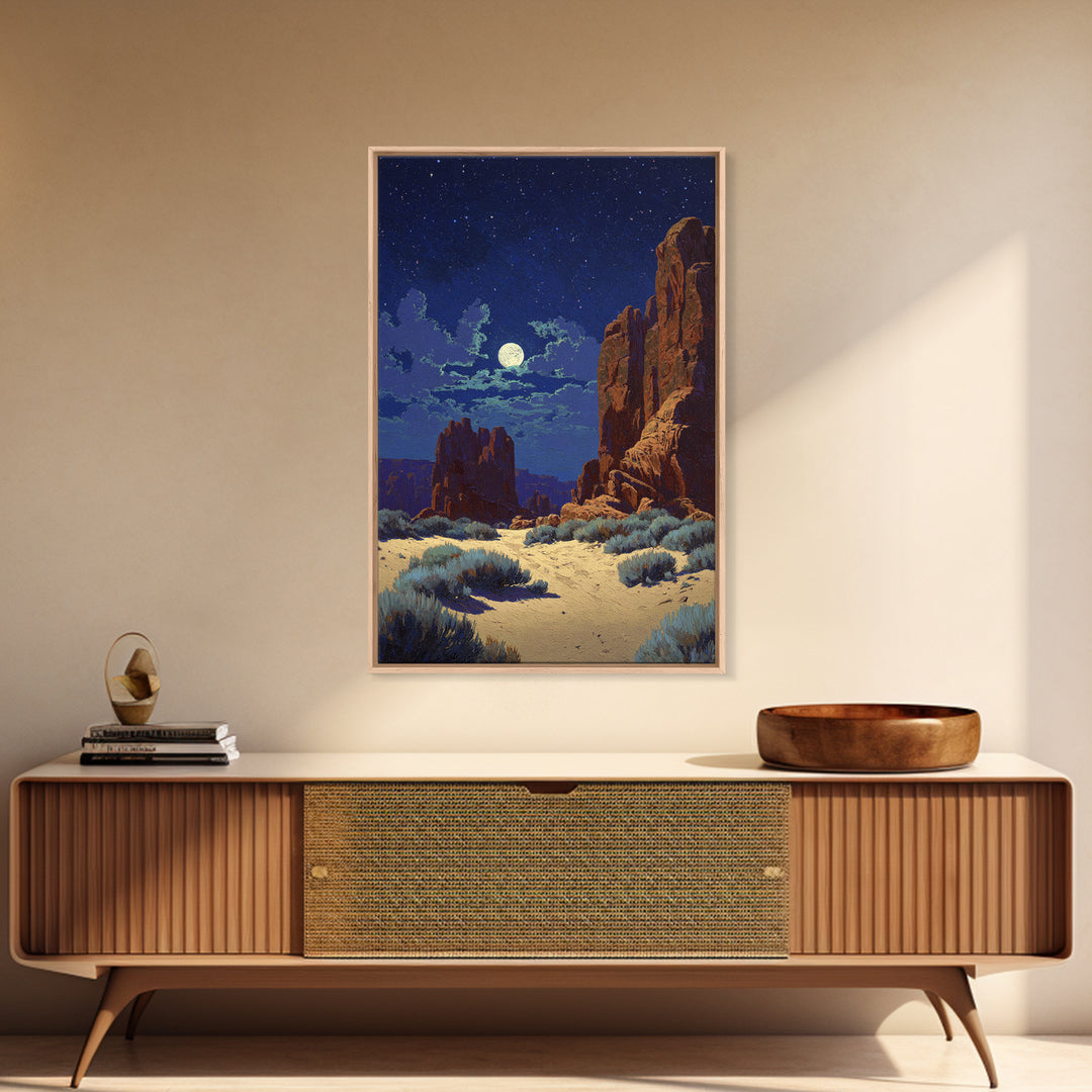 Starry Night Desert Landscape Wall Art With Moonlight Framed Canvas Print For Modern Rustic Home Decor And Cozy Living Room