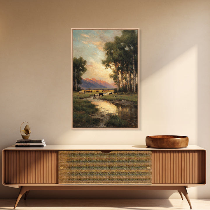 Serene Pastoral Landscape Oil Painting Artwork Featuring Cows Grazing Near Mountains Large Wall Art Canvas Print For Rustic Home Decor