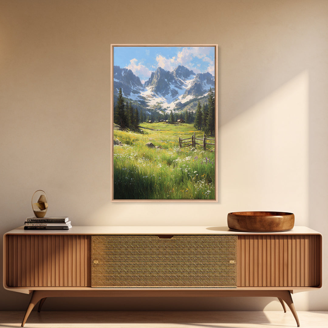 Rustic Mountain Landscape With Wildflower Meadow Original Oil Painting Large Wall Art Canvas Print