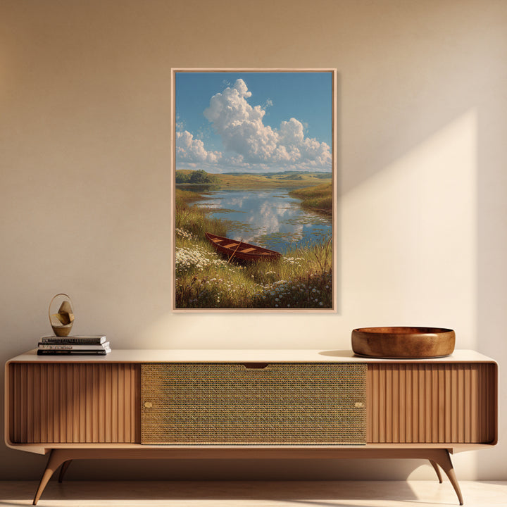 Quiet Lakeside Scene With Rowboat And Wildflowers Landscape Oil Painting Fine Art Print Wall Art