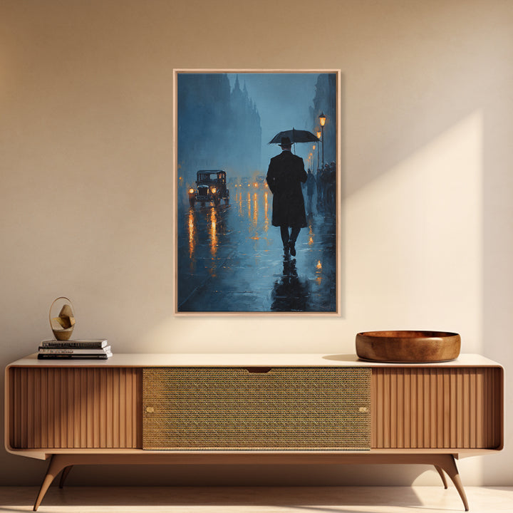 Rainy London Street With Umbrella Wall Art, Moody Blue Cityscape Oil Painting Print For Living Room Office Decor And Dark Academia