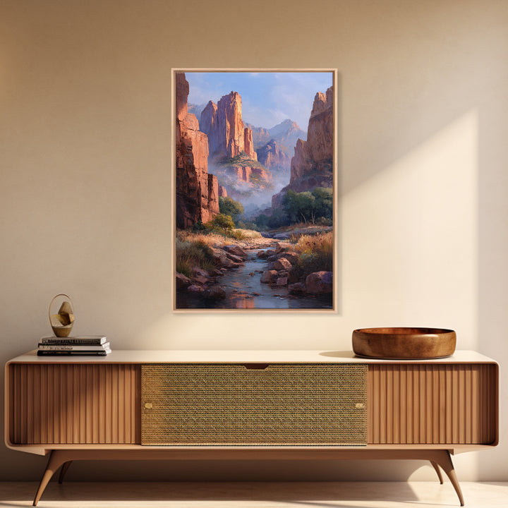 Classic Landscape Oil Painting Canyon River Wall Art Framed Canvas Print For Rustic Home Decor And Gifts