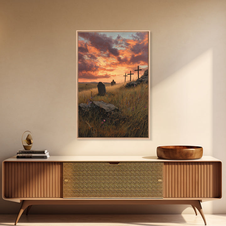 Sunset Cemetery Scene Oil Painting With Striking Sky And Crosses Wall Art Framed Canvas Print For Living Room Decor