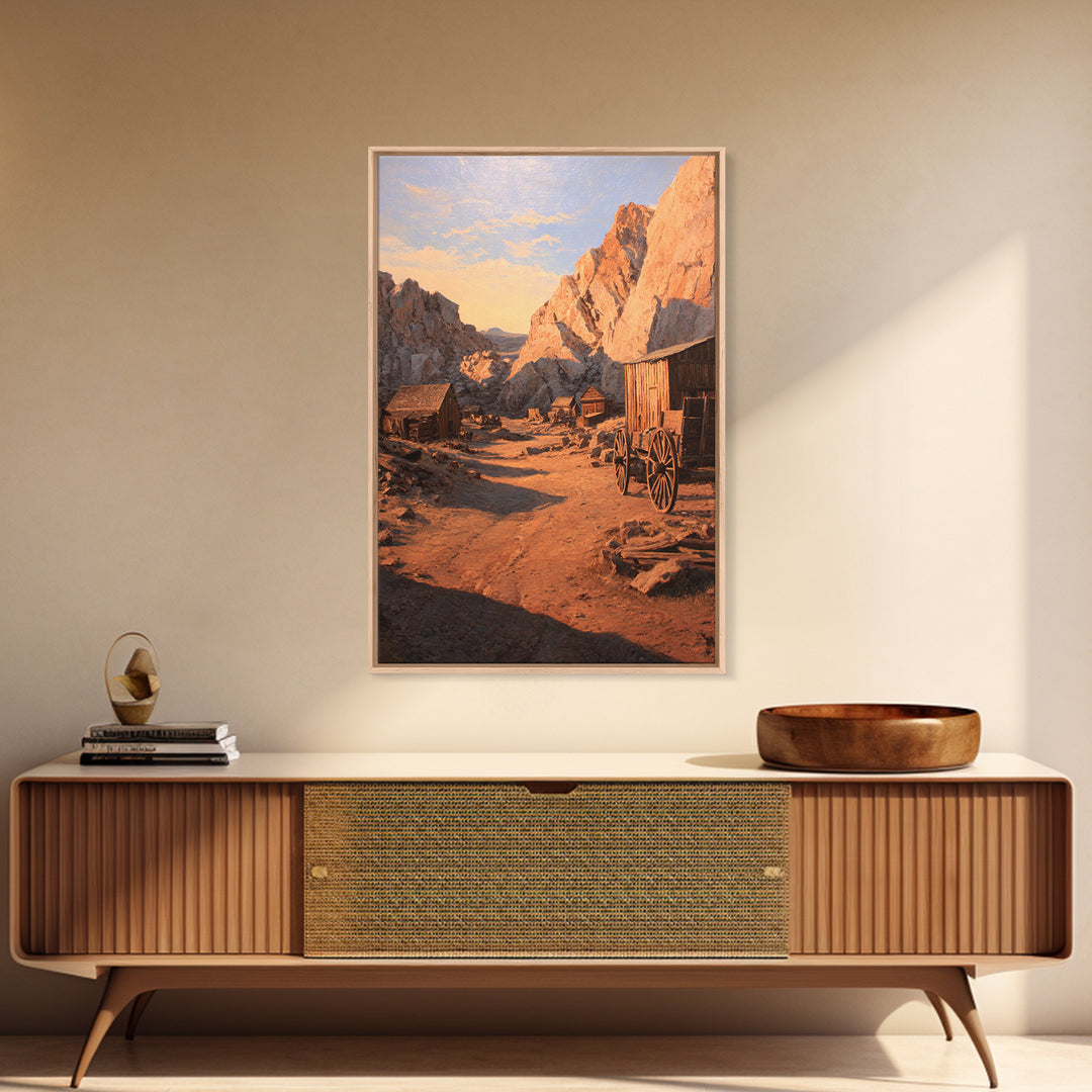 Rustic Western Homestead Scene Wall Art Depicting Mountain Landscape With Old Wagon Large Wall Art Framed Canvas Print