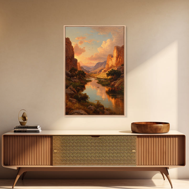 Sunset Over Majestic Canyon Landscape River Reflection Wall Art Framed Canvas Print For Rustic Home Decor