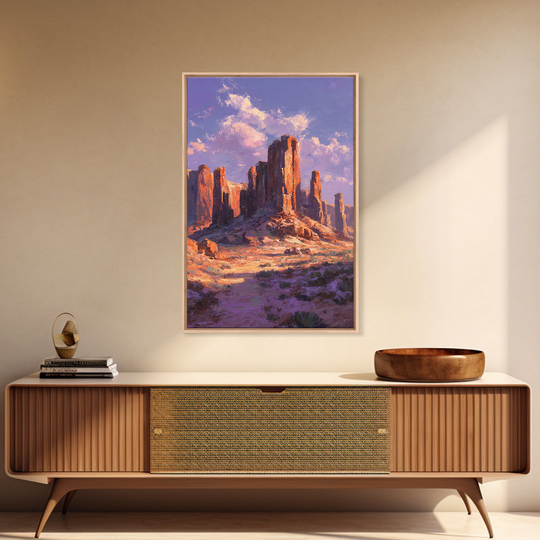 Desert Monument Valley Landscape At Sunset In Oil Painting Style Wall Art Framed Canvas Print For Rustic Home Decor
