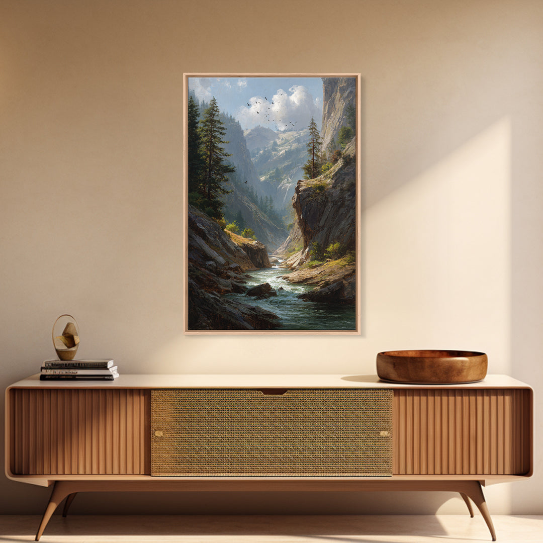 Majestic Mountain Canyon Landscape With Stream And Birds Original Oil Painting Canvas Print For Living Room Decor
