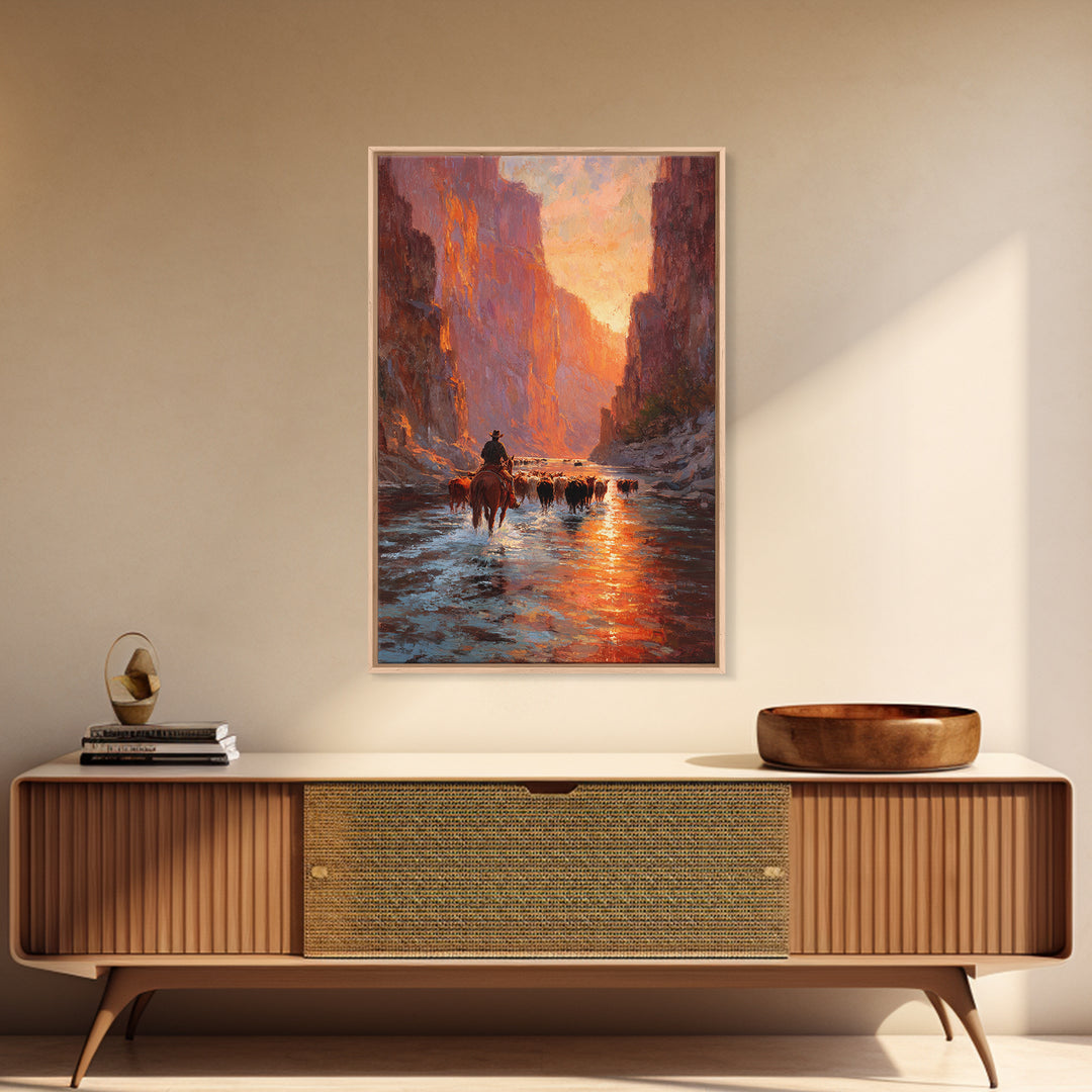 Cowboy Herding Cattle Through Sunlit Canyon Scene Classic Western Oil Painting Framed Canvas Print For Rustic Wall Art Farmhouse Décor