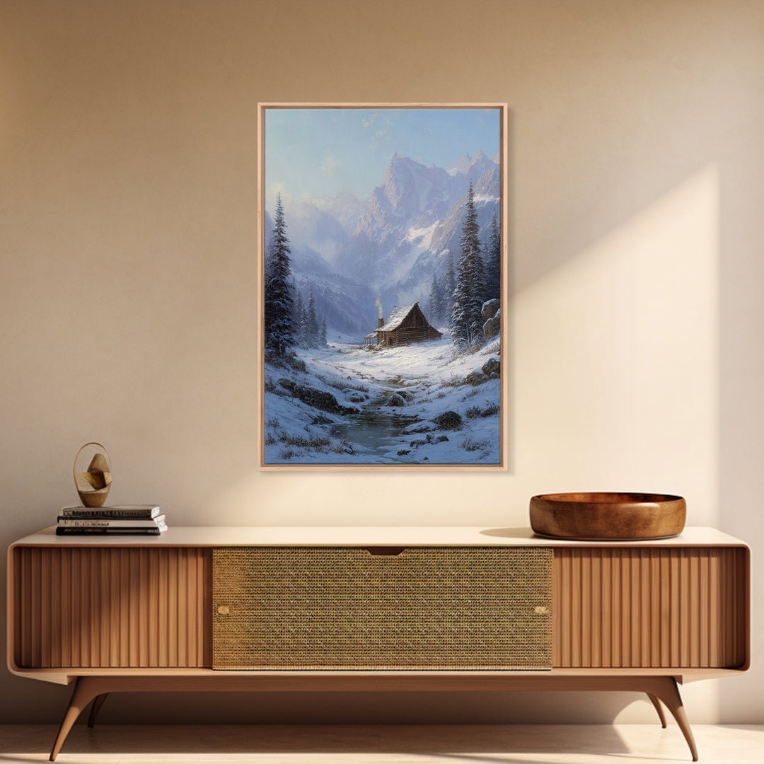 Winter Mountain Cabin Oil Painting Framed Canvas Print Rustic Snow Landscape Wall Art For Cozy Home Decor