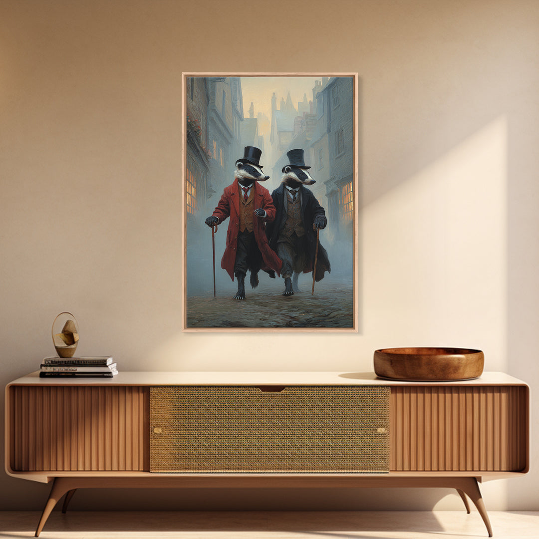 Dapper Badger Gentlemen Walking In Foggy City Canvas Print, Whimsical Animal Wall Art For Nursery Room And Eclectic Decor