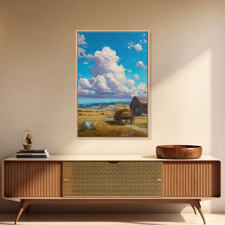 Rustic Country Farm Scene With Barn Cart And Livestock Large Wall Art Framed Canvas Print For Farmhouse Home Decor And Living Room