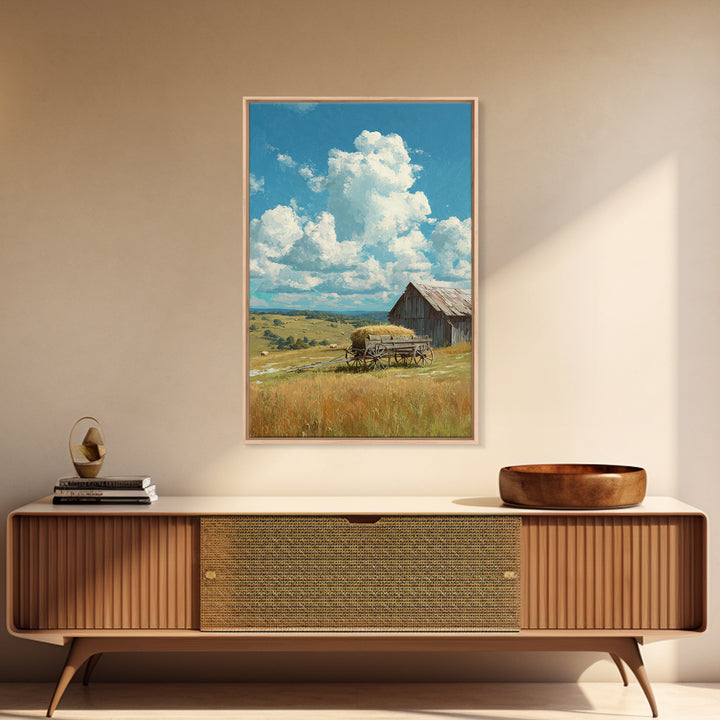 Bright Sunlit Barn And Field Landscape Painting Wall Art Canvas Print For Cozy Farmhouse Rustic Decor