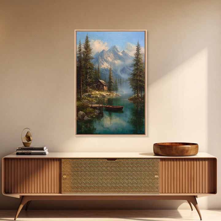 Tranquil Mountain Lake Cabin Scene Oil Painting Landscape Wall Art Canvas Print Rustic Home Decor Nature Lover Gift