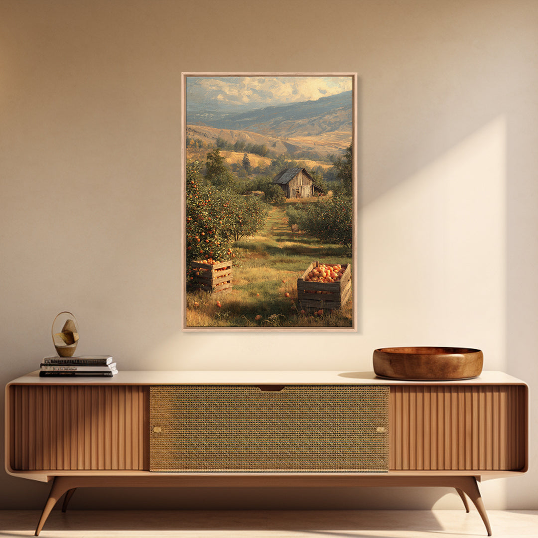 Classic Rustic Orchard Landscape Painting Framed Canvas Print For Farmhouse Decor And Country Home Wall Art